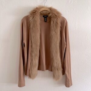 Scandi Girl Alfani Size L Penny Lane  Y2K Tan  Cardigan With Soft Faux Fur